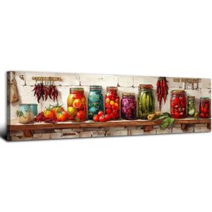 Colorful Mason Jar Wall Art Spices Food Picture Kitchen Wall Decor Abstract Pepper Herbs Canvas Print Dining Room Painting Watercolor Vegetables Poster Modern Artwork Restaurant Home Decoration 14x48"