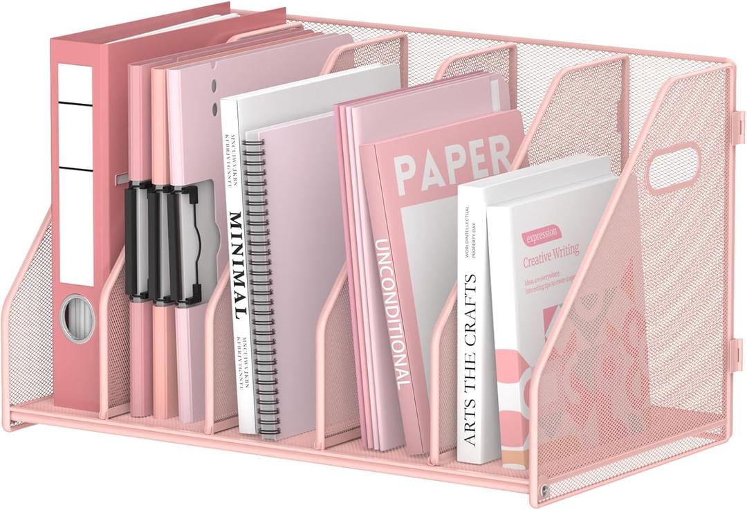 SUPEASY Binder Organizer, Magazine File Holder with 5 Vertical Compartments Rack, Metal Desk File Organizer & Binder Holders, Magazine Organizers for Office Desktop, Home, School, Classroom (Pink)
