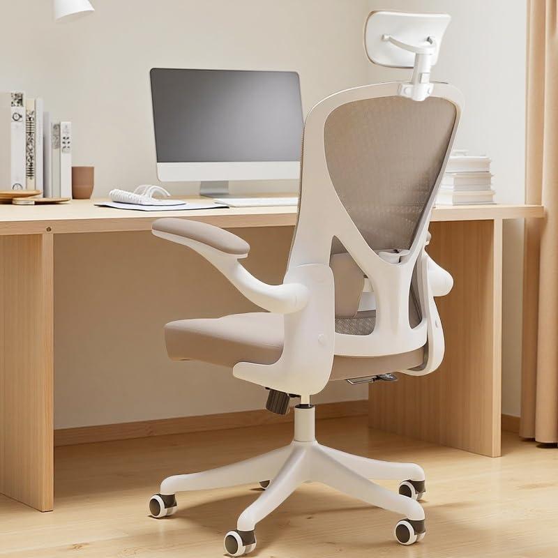 Office Chair, Home Office Desk Chairs with Wheels, Ergonomic Office Chairs with Lumbar Support and Thickened Cushion, Comfy Desk Chair with Adjustable Headrest and Flip-up Armrests, Khaki
