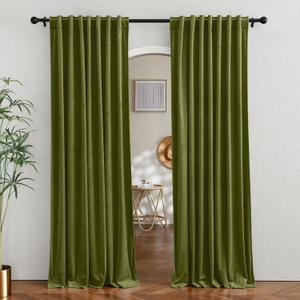 RYB HOME Moss Green Velvet Curtains 84 inches - Back Tab Blackout Curtains for Nursery, Bedroom Room Divider Panels Thermal Insluted Drapes for Living Room, Wide 62 x Long 84, 2 Panels