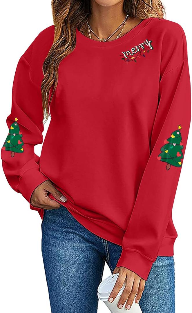 UNIQUEONE Christmas Sweatshirt Women Christmas Xmas Sweater Merry and Bright Long Sleeve Shirts Holiday Pullover Tops (Red)
