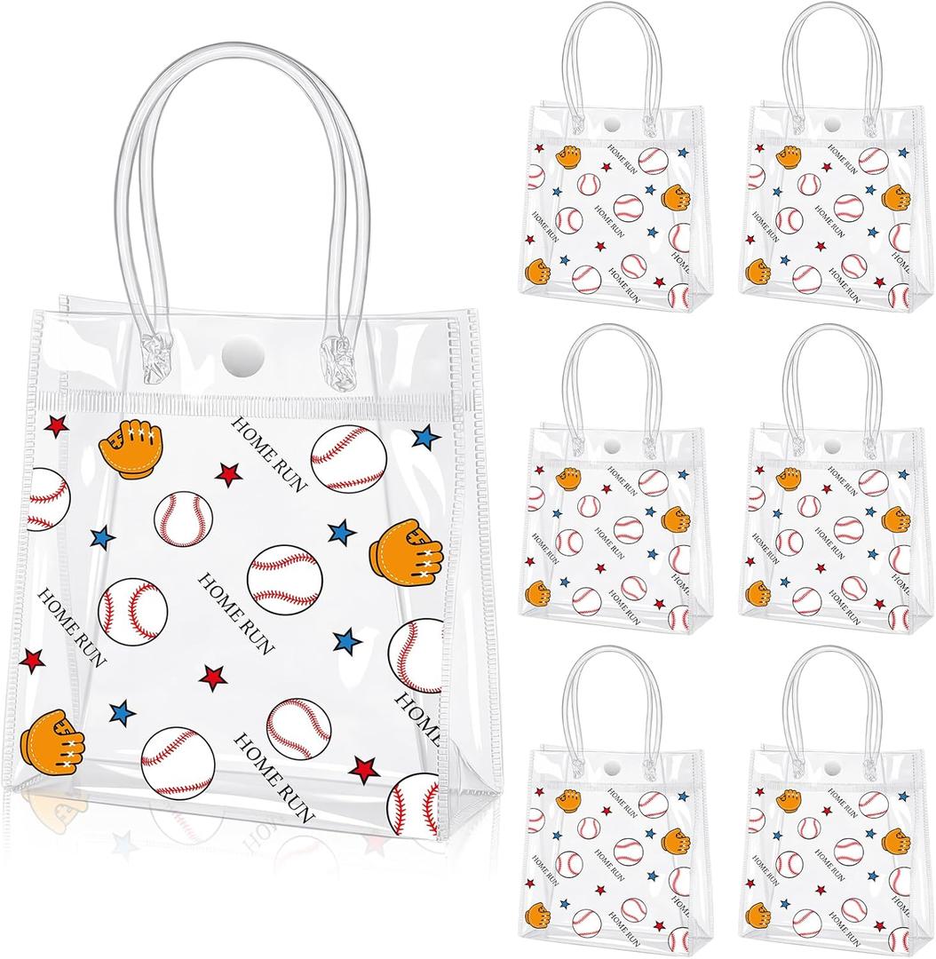 Locmeo 24 Pcs Baseball Clear Goodie Bag with Handles PVC Sport Theme Candy Treat Bags Bulk for Sports Team Gifts Birthday Party Favors, 8 x 8 x 3.15 Inches