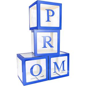 4 Pcs Prom Boxes with Letters 11.8 x 11.8 x 11.8 Inch Clear Balloon Boxes Transparent High School College Graduation Party Favors Supplies(Prom,Blue)