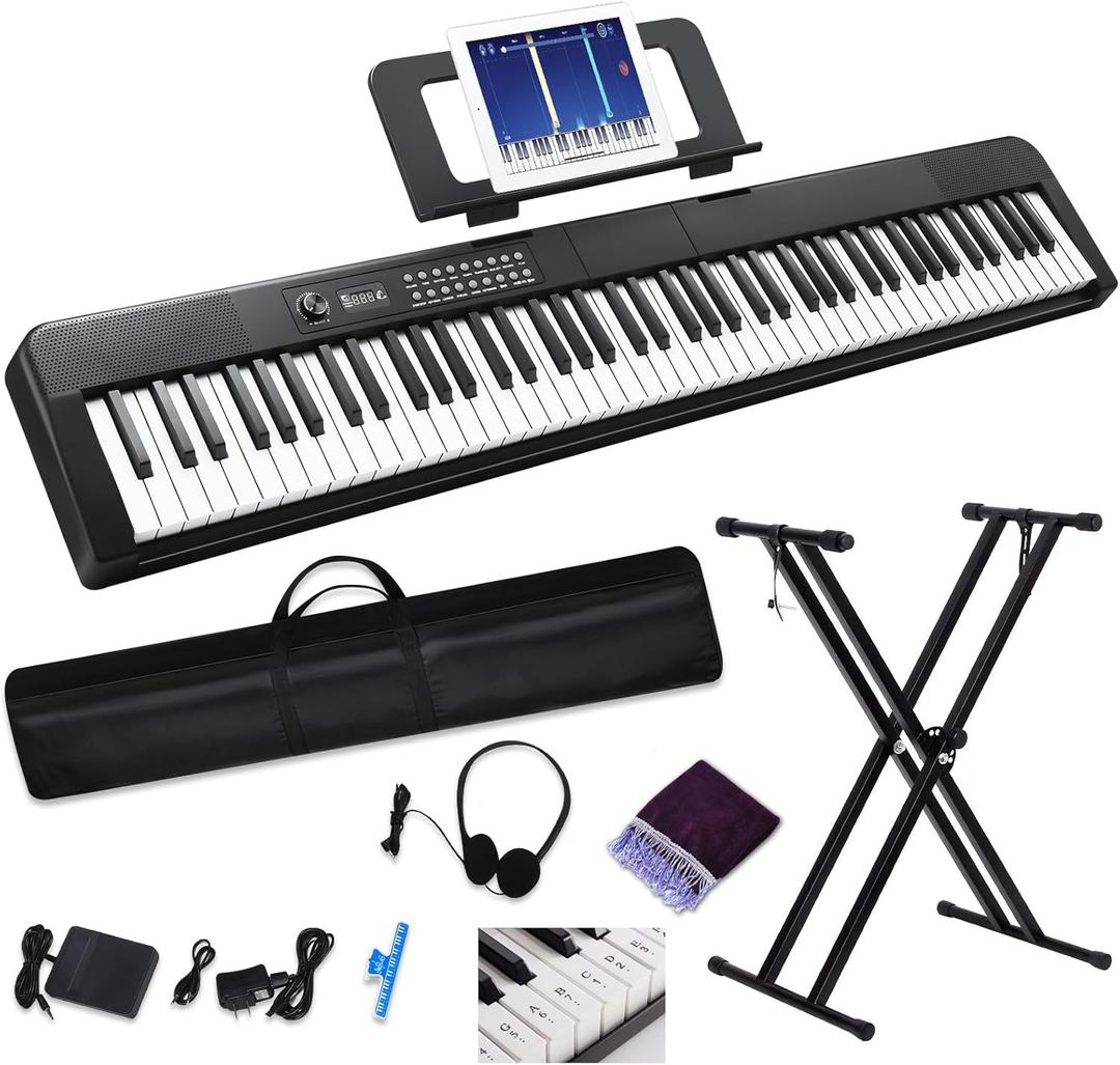 88 Key Digital Piano Electric Keyboard, 88 Key Keyboard Piano for for Beginner, with Power Adapter, Sustain Pedal, Stand, Bluetooth, Carrying Case, Headphones, USB-MIDI, for at Home/Stage (black)