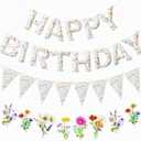 Tegeme 3 Pcs Flower Birthday Banner Felt Happy Birthday Banner Pre-strung 3D Wildflower Party Decorations Floral Party Decorations for Girls Women Garden Decor