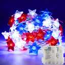 WATERGLIDE 2 Pack 4th of July String Lights, 16FT 50LED Red White and Blue Patriotic Star Lights, Battery Operated with 8 Modes & Timer, Waterproof Indoor Outdoor for Memorial Day Independence Day