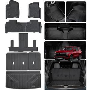 Floor Mats & Trunk Mat & Backrest Mat for 2021-2024 2025 Chevrolet Chevy Tahoe 7 Seats (2 Row Bucket Seat),TPE All Weather Protection Car Floor Mats with Trunk Mat Covering The Backrest