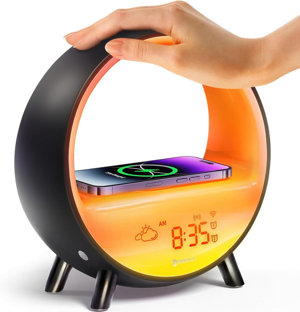Dekala Arches Sunrise Alarm Clock | White Noise Sound Machine Sleep Timer | Loud Natural Sound Activation Light | 15W Wireless Charging | Mode