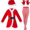 Fengek 5 Pcs Santa Claus Costume for Women Mrs Claus Dress With Belt Gloves Hat Pantyhose Accessory for Christmas Party