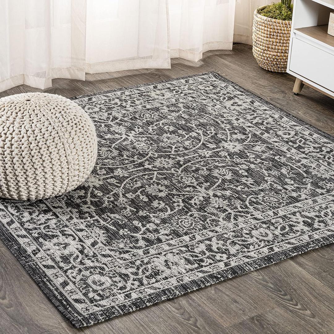 JONATHAN Y Vine & Border Indoor Outdoor Square Area Rug 5X5 Black/Gray, Palazzo Textured Weave for Backyard, Patio, Porch, Easy-Cleaning, High Traffic, Pet-Friendly, Non-Shedding (SMB103C-5SQ)