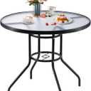 Jinlly. 32in Outdoor Table Patio Dining Table Outdoor Dining Table with Umbrella Hole Round Tempered Glass for Yard Bistro Lawn Balcony 