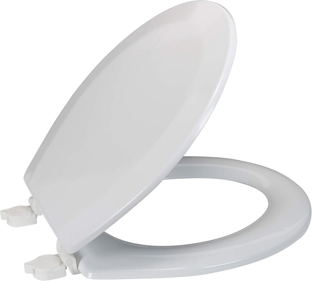 Bath Bliss Beveled Standard Round Toilet Seat | Wooden | Resists Peeling and Chipping | Adjustable Quick Attach Non-Slip Hinges | White