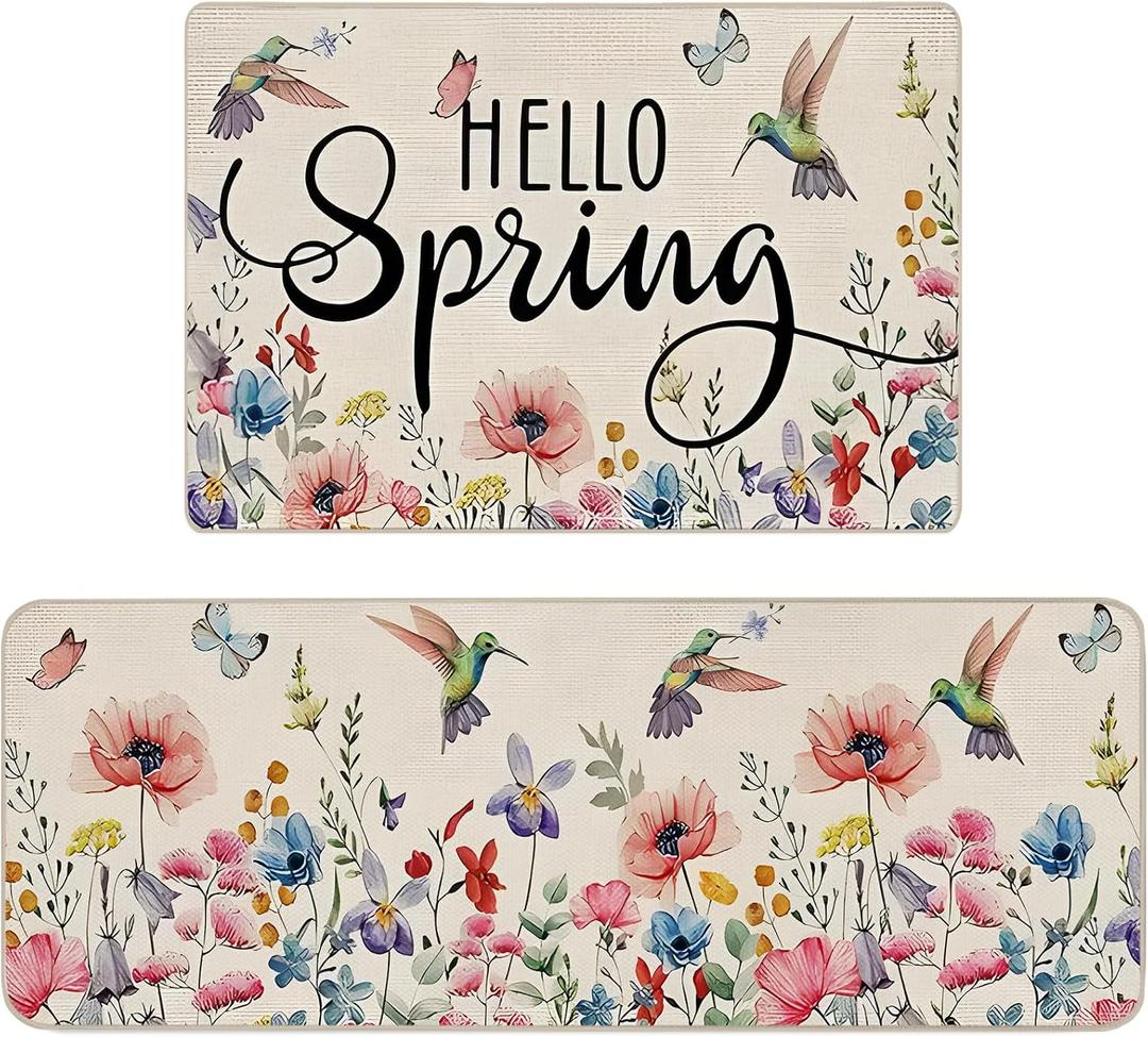 Spring Kitchen Mats Set of 2 Pink Floral Kitchen Rugs Non Slip Washable with Crystal Velvet Kitchen Floor Mats Decor Kitchen Mat Fatigue mats for Standing 16x24 and 16x45.5 Inch (Pink)