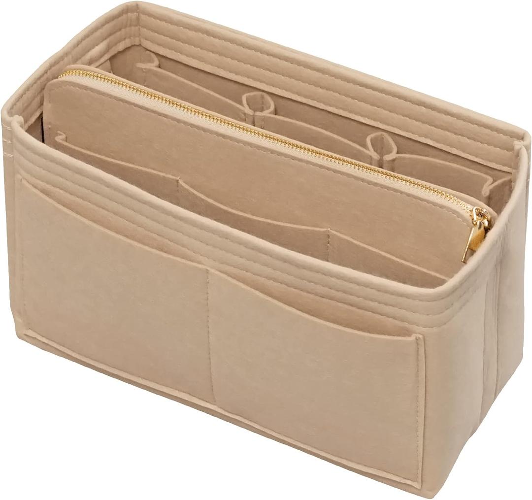 Purse Organizer Insert with Zipper Felt Bag Organizer for Tote Purse Beige Large