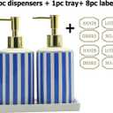 Coastal Blue & White Ceramic Soap Dispenser Set with Gold Pump 3-Piece Bathroom & Kitchen Accessories with Tray, Refillable Lotion & Dish Soap Pump Bottles for Beach House & Nautical Dcor