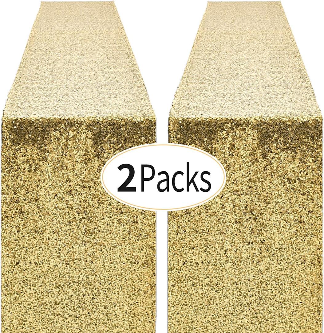 2 Packs 12 x 72 inches Gold Sequin Table Runner, Glitter Runner for Birthday Party Supplies Decorations Wedding Bachelorette Holiday Celebration Bridal Shower Baby Shower