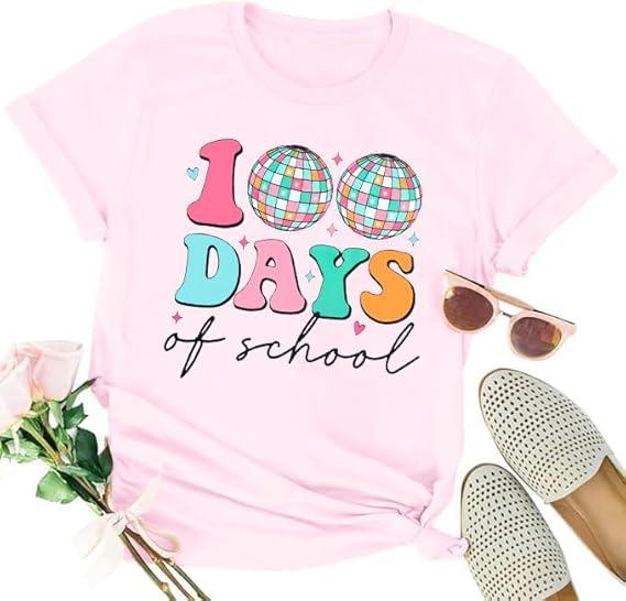 100 Days of School Shirt 100th Day of School T-Shirt Teacher Life Tees School Celebration Gift Tops, XL