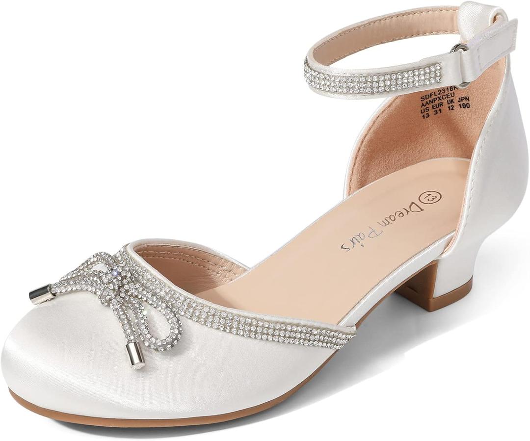 DREAM PAIRS Girls Dress Shoes Closed Toe Low Heels Ankle Strap Pumps for Toddler Little Big Kid Flower Party Wedding Princess (White) Size 06