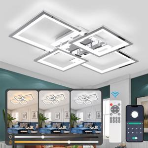 Acrylic Modern LED Ceiling Light, Square LED Flush Mount Ceiling Light, Dimmable Kitchen Light Fixtures with Remote&APP, Close to Ceiling Lighting Fixture for Dining Room Kitchen Living Room Bedroom (Chrome)