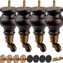 6 inch / 14cm Wooden Furniture Legs with Casters Wheels, Pack of 4 Classic Walnut Solid Wood Round DIY Replacement Bun Feet for DIY Project Sofa Couch Cabinet Ottoman Bed Riser