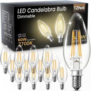 TJOY LED Candelabra Bulbs Dimmable, 60W Equivalent Chandelier Light Bulbs, 4.5W 2700K Warm White, 500LM, E12 Base, B11 Vintage LED Filament Clear Glass Candle Light for Ceiling Fan, Chandeliers,12Pack