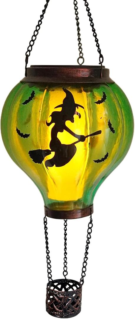 Halloween Decoration Outdoor Hot Air Balloon Solar Lantern with Flickering Flame, Hanging Outdoor Lanterns with Flying Witch Design Waterproof Decor for Garden, Patio, Halloween Party(Witch)