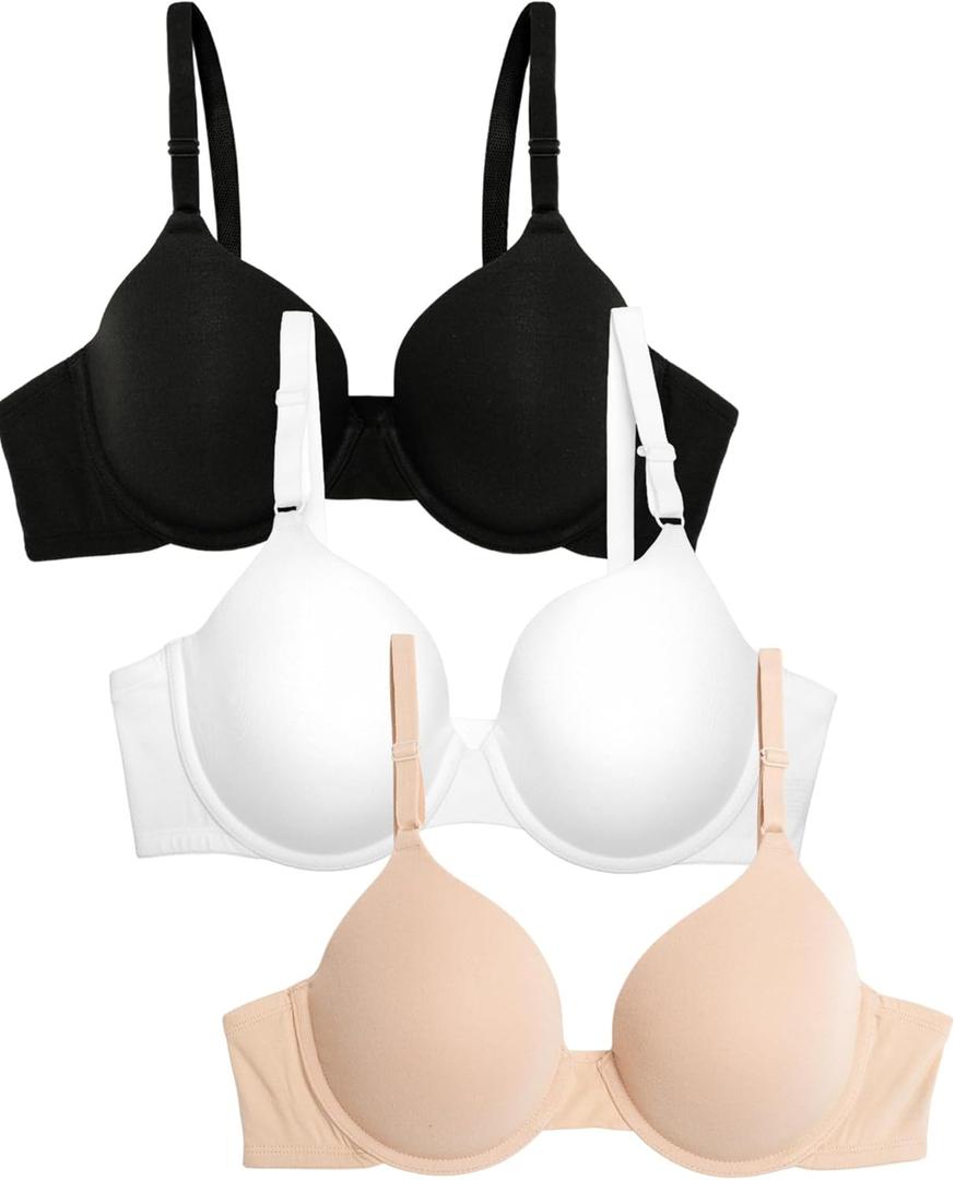 Fruit of the Loom Women's Smooth Cotton T-Shirt Bra Pack - Ultra-Soft, Flexible, and Invisible Under Tees (38D, Black Hue/Sand/White)