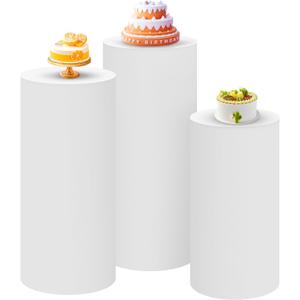 SaitiMade Set of 3 - White Cylinder Pedestal Stand Covers, Spandex Cylinder Stand Covers for Party, Wedding or Birthday Event Decor - Only Contains Cylinder Covers
