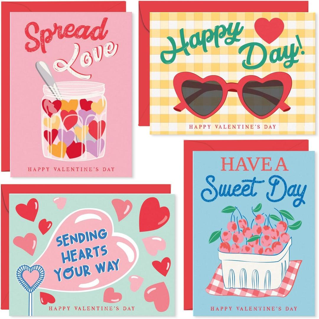 S&O Fun Happy Valentines Day Cards - Set of 24 Valentine Cards Boxed with Envelopes - Notes for Grandma, Kids, Friends & Family - Love Notes for Him & Her - Greetings with Assortment Box