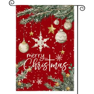 AVOIN colorlife Merry Christmas House Flag 28x40 Inch Double Sided Outside, Ornament Baubles Winter Holiday Yard Outdoor Flag Red