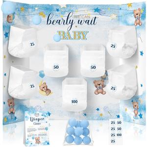 Ctosree 31 Pieces Bear Baby Shower Diaper Game 1 Diaper Baby Shower Game Board 7 Diapers 10 Plastic Balls 1 Organza Bag for Bridal Games Boy Girl