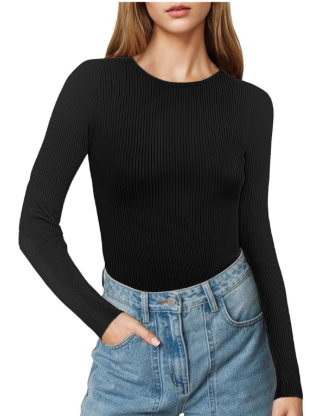 Buauty Women's Long Sleeve Crewneck Sweater 2025 Fall Ribbed Knit Fitted Shirts Slim Solid Pullovers Basic Casual Tee Tops Size Large