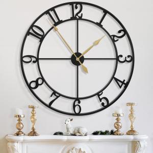 Large Wall Clock, 24 Inch Black Decorative Wall Clock for Living Room, Modern Metal Battery-Operated Arabic Numerals Round Clocks Silent Non Ticking for Kitchen Mantel Bedroom Office