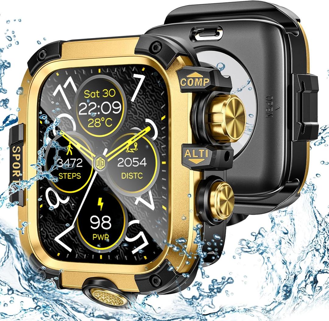 3 in 1 Goton Metal PC Case for Apple Watch Screen Protector 45mm, 360 Protective Rugged Tempered Glass Waterproof Face Cover Bumper for Apple Watch Series 9/8/7, 45mm Gold