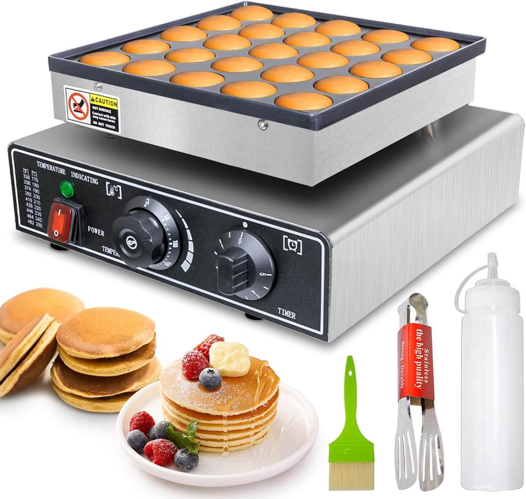 Mini Pancake Maker 25pcs, Dutch Pancake Baker Maker Commercial Poffertjes Electric Dorayaki Maker, Stainless Steel, Temp & Time Control, 900W Commercial Pancake Maker, 50-300 Poffertjes Maker