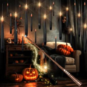 Floating Candles with Wand, Magic Halloween Decorations 10pcs Black Flameless Candles with Remote LED Battery Operated Candle for Halloween Decor Gift 6.1in