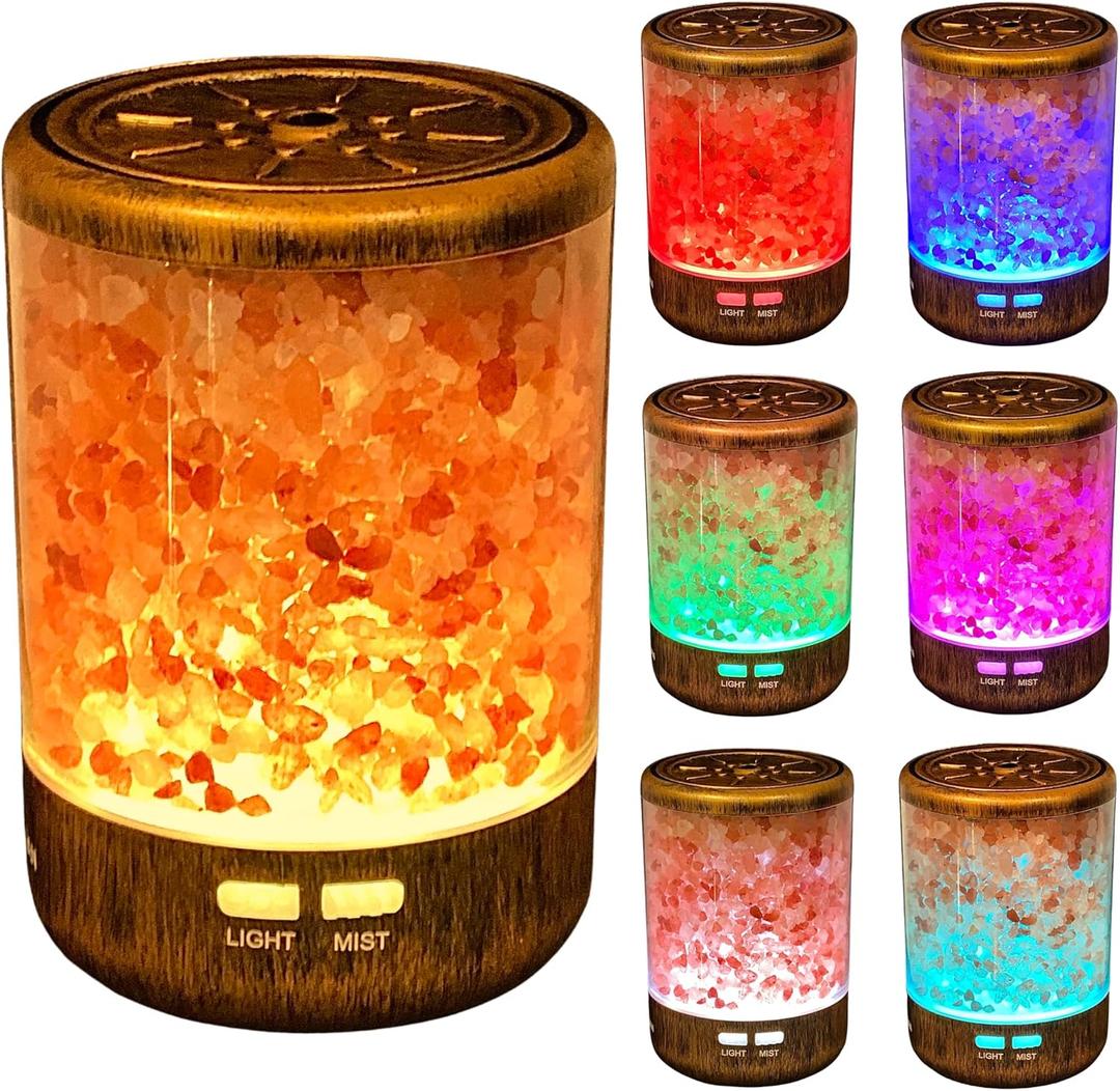 Bronze Essential Oil Aromatherapy Diffuser 100% Natural Himalayan Salt Lamp, Cool Mist Humidifier and 7 Color Changing LED Night Light (3-in-1) | 150ML, Ultrasonic Quiet, Auto Shut-Off (Bronze-himalayan Salt Diffuser)
