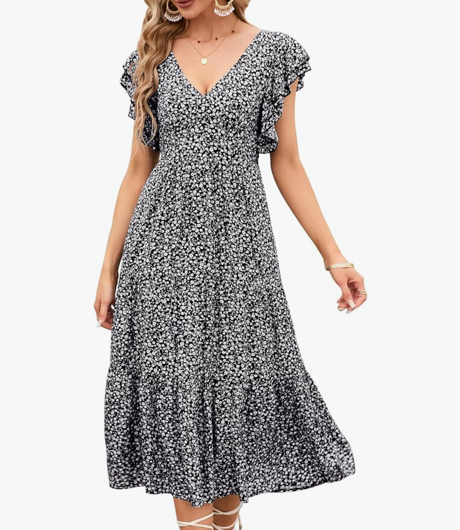 MURMUREY Women's 2023 Summer Casual Floral Print Short Flutter Sleeve Dress Deep V Neck Backless Flowy Boho Maxi Dresses ,Size L
