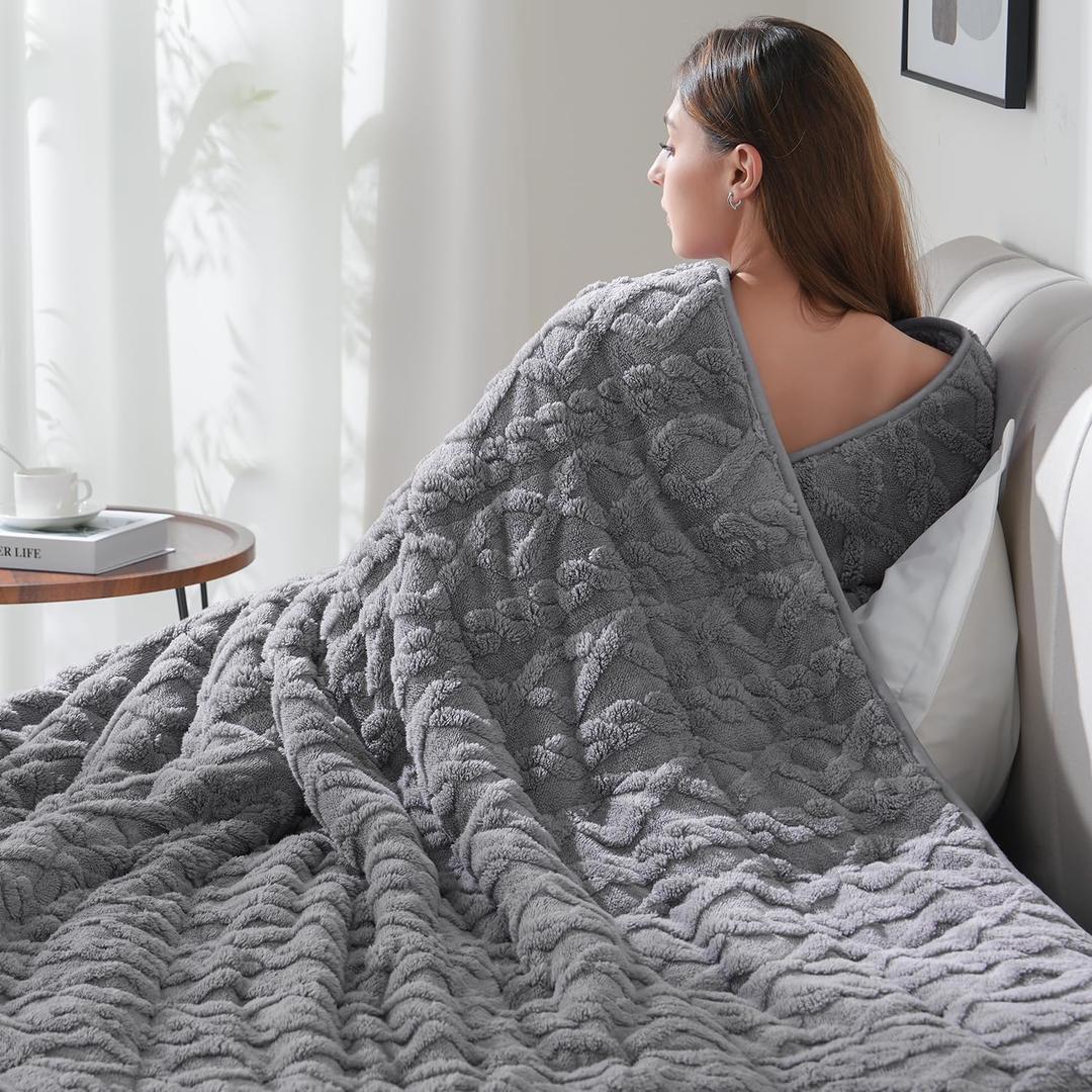 Drewin Sherpa Weighted Blanket for Adults (48" x 72" 10lbs, Grey), Dual Sided Cozy Soft Fleece Bed Blanket for Sleep Natural and Relaxing, 3D Jacquard Cable Pattern Warm Weighted Blankets for Sofa Bed