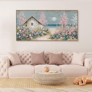 yiijeah Beach Wall Art Large Landscape Canvas Coastal Pink Picture Horizontal Artwork for Walls Ocean Prints Big Paintings Living Room Bedroom Office Home Decor 48x24 Inches