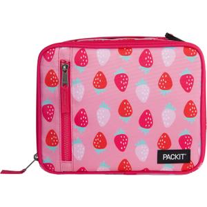 PackIt Freezable Classic Lunch Box, Sweet Strawberry, Built with ECOFREEZE Technology, Collapsible, Reusable, Zip Closure With Zip Front Pocket and Buckle Handle, Designed for Fresh Lunch On the Go