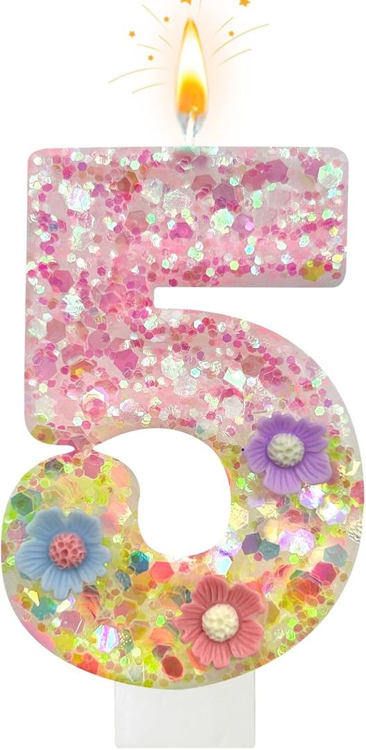 Wildflower Birthday Candles - Number 5 Candle for Cake Toppers, Macaron Candles for Sweet Theme Party Decorations, Wedding Anniversary and Other Celebrations (5 Candle)
