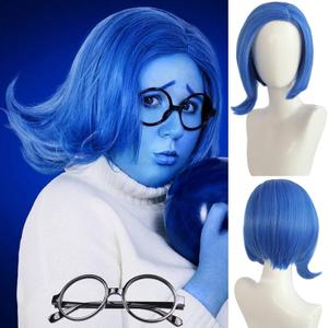 Sadness Blue Bob Wig with Black Glasses Girls Blue Anime Wig Women Heat Resistant Synthetic for Cosplay Costume Party