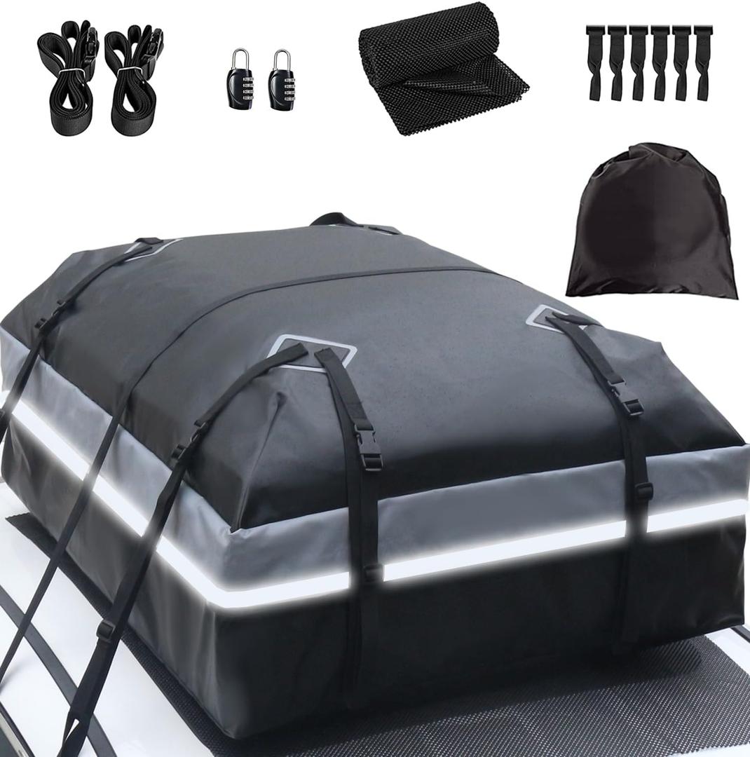 Car Rooftop Bag Cargo Carrier Bag 21 Cubic Feet Waterproof Heavy Duty for All Cars with/Without Rack Including Anti-Slip Mat 2 Luggage Locks 2 Extra Straps 6 Strong Nylon Straps Storage Bag