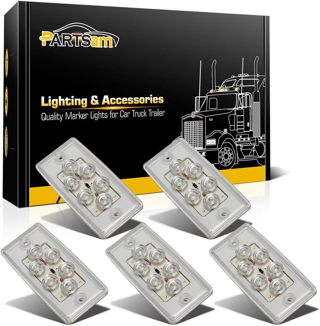 Partsam 6LED Amber Cab Marker Lights - Clear Lens Waterproof Roof Mount Clearance Lights for Trucks Compatible with Freightliner/Volvo Heavy Duty Trucks & Trailers (5 Pack)
