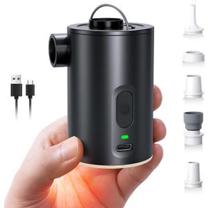 Portable Air Pump for Inflatables, Ultra-Mini Air Mattress Pump 4X with Camping Light & 5 Nozzles, 1600mAh USB Rechargeable, Quick Inflate Deflate for Pool Floats, Swim Rings, Vacuum