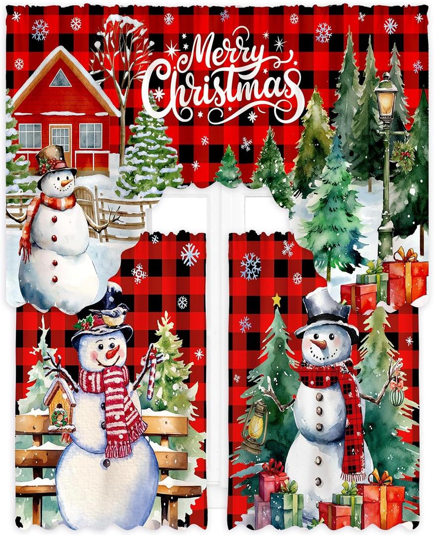 Christmas Kitchen Curtains 3 Piece Set Plaid Snowman Window Curtains and Valance Set Xmas Curtain Swag for Kitchen Bedroom Living Room Decor, 60 x 36 Valance, 36 x 30 Tier