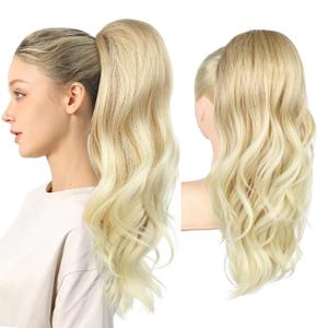 REECHO Drawstring Ponytail Extension Long Wavy Layered Pony Tails Hair Extensions 22inch Natural Fake Ponytail Clip in Synthetic Hairpiece for Women, Blonde