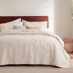 Bedsure Quilts Queen Size - Stitch-Free Ultrasonic Quilting, Lightweight Beige Comforter, All-Season Bedspread & Coverlet, Modern Floral Pattern, Soft 3 Piece Machine Washable Bedding, 90" x 96" | Stitch-Free Quilting, Ultra Soft, Lightweight, Machine Washable, Pet-Friendly
