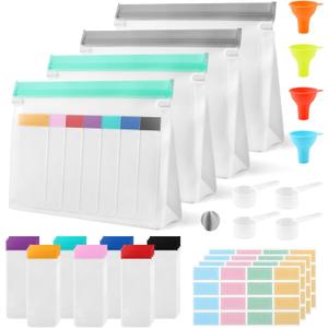 Protein Powder Travel Container Set, Reusable Protein Powder Container To Go, 28Pcs Single Dose Bags & 4Pcs Large Zip Bags, with Funnel, Spoon,Stirring Ball